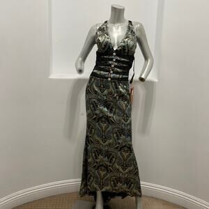 BICICI Halter Green Paisley Print Maxi Gown Cutouts Back Size XS Cocktail Party